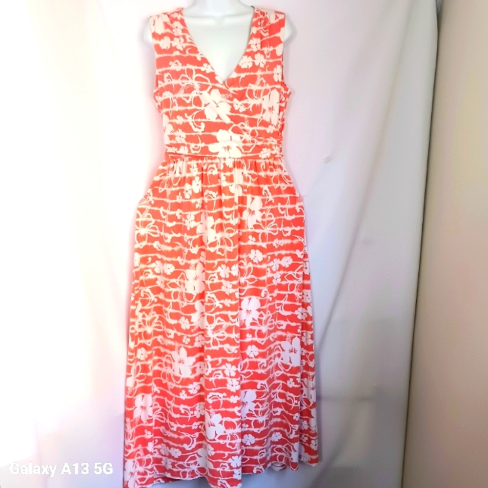 Lands'End Women's Orange Tropical Print Sleeveless Maxi Dress  Sz M